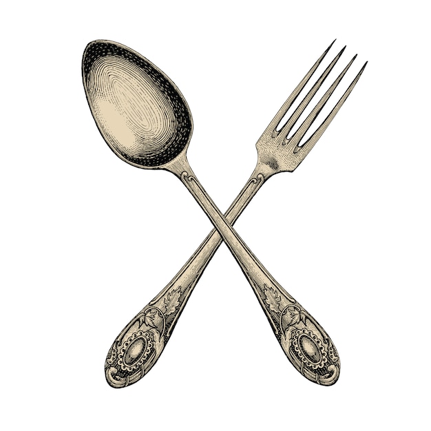 Vintage crossed spoon and fork hand drawing,spoon and fork sketch art