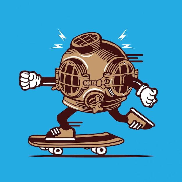 ビンテージダイバーヘルメットスケートボードキャラクターデザイン プレミアムベクター
