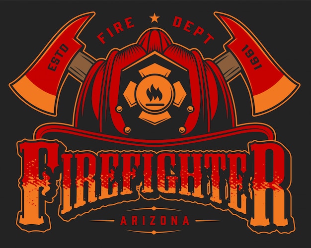 Vintage fireman logo colorful template with crossed axes and skull in ...