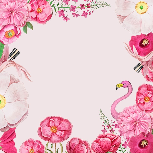 ビンテージ花とピンクのフラミンゴのボーダーフレームベクトル 無料のベクター