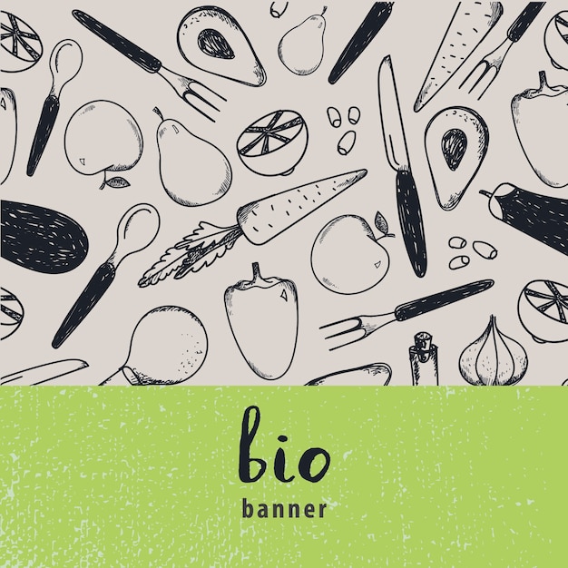 ヴィンテージ食品イラスト ヴィンテージ食品イラスト 手描きのバナー カード 黒と白のパターンのチラシ 果物と野菜 プレミアムベクター