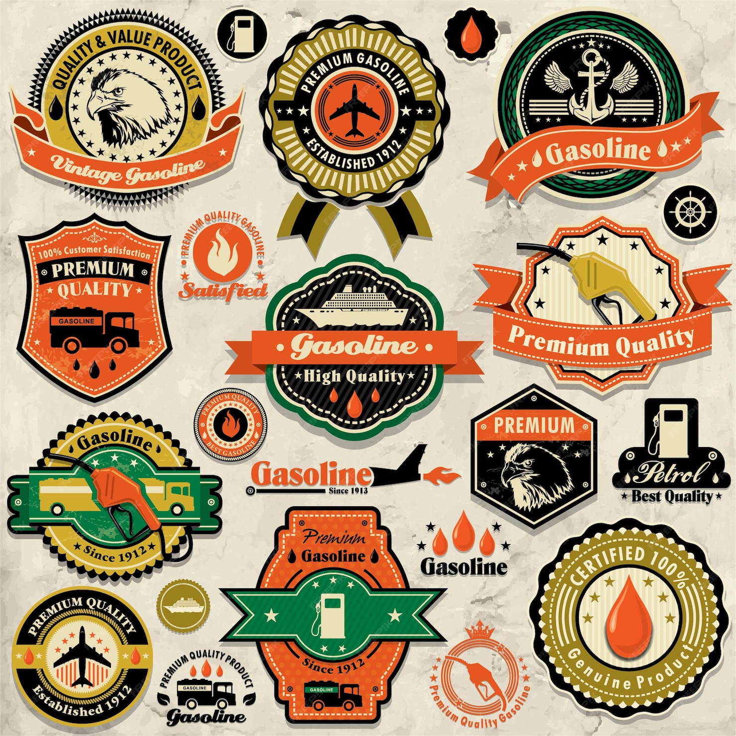 Premium Vector | Vintage gasoline label set template