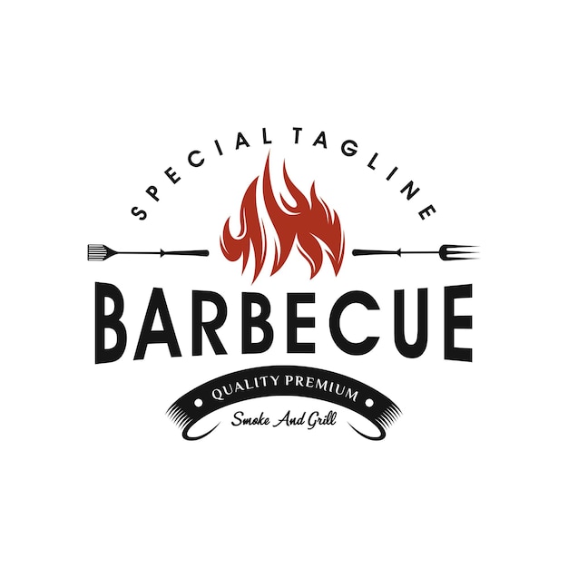 Premium Vector Vintage Grills Barbecue With Fork And Fire Flame Logo