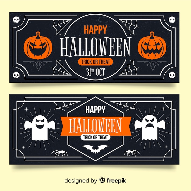 Download Vintage halloween banners with pumpkin and ghost | Free Vector