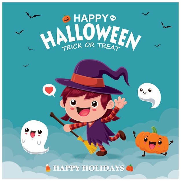 Premium Vector | Vintage halloween poster design with vector witch ...