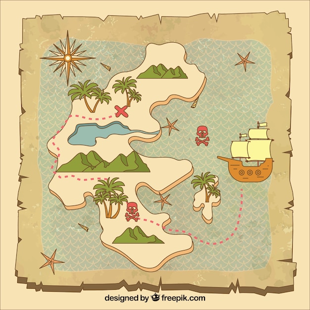 ヴィンテージ手描きの宝の地図の背景 無料のベクター