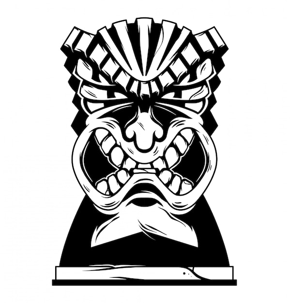 ビンテージハワイ部族怒っているティキマスク白黒イラスト プレミアムベクター