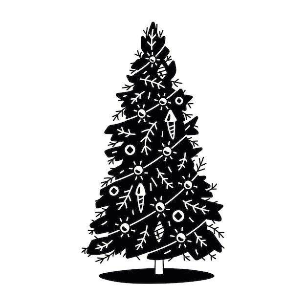 クリスマスツリーのヴィンテージイラスト 黒のシルエット 白色の背景 プレミアムベクター