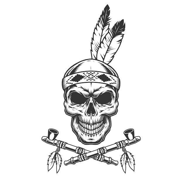 Free Vector Vintage Indian Warrior Skull With Feathers