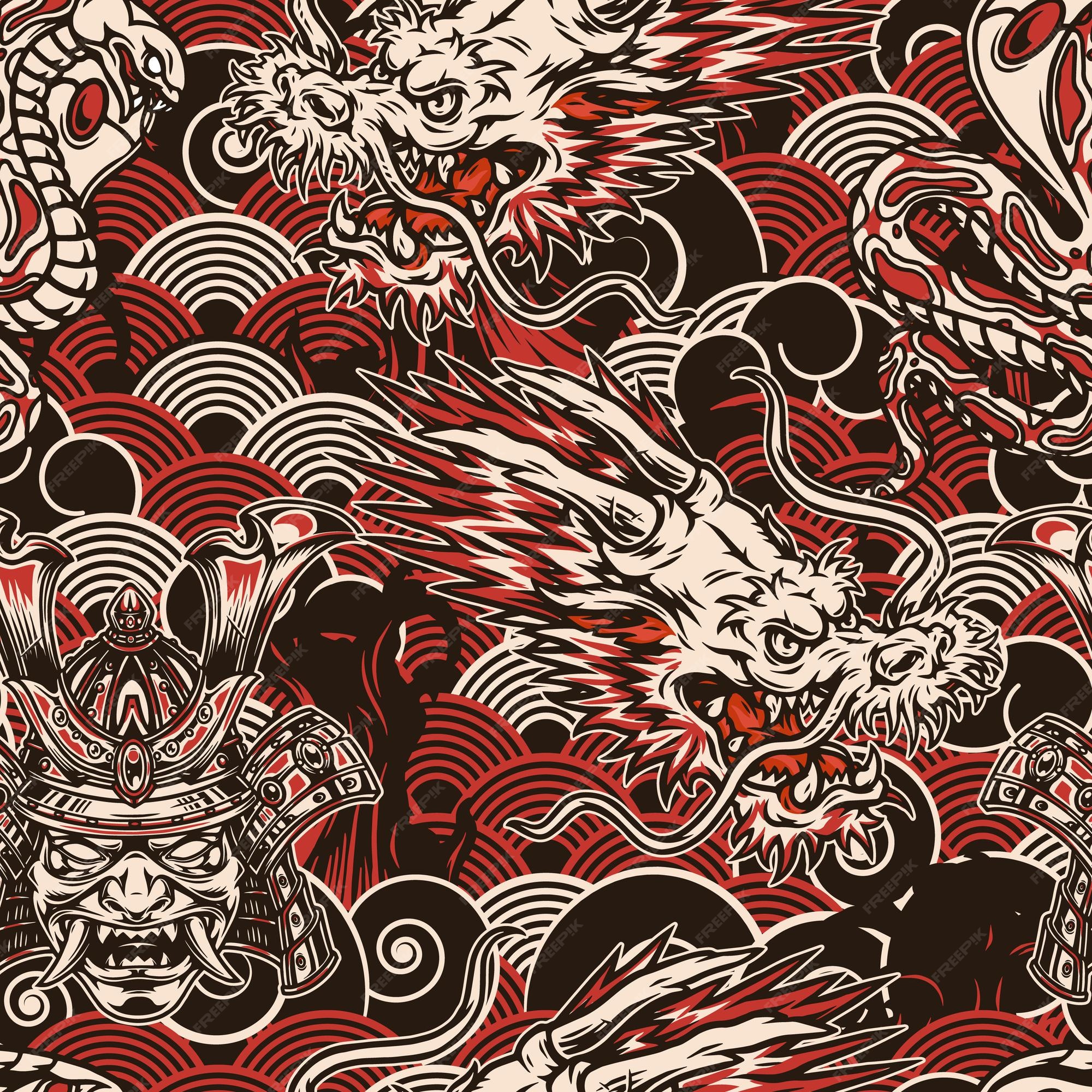 Premium Vector Vintage japanese seamless pattern in monochrome style