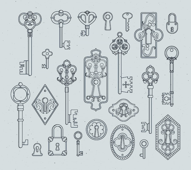 プレミアムベクター ビンテージの鍵と中世のドアの南京錠 手描きの背景イラスト