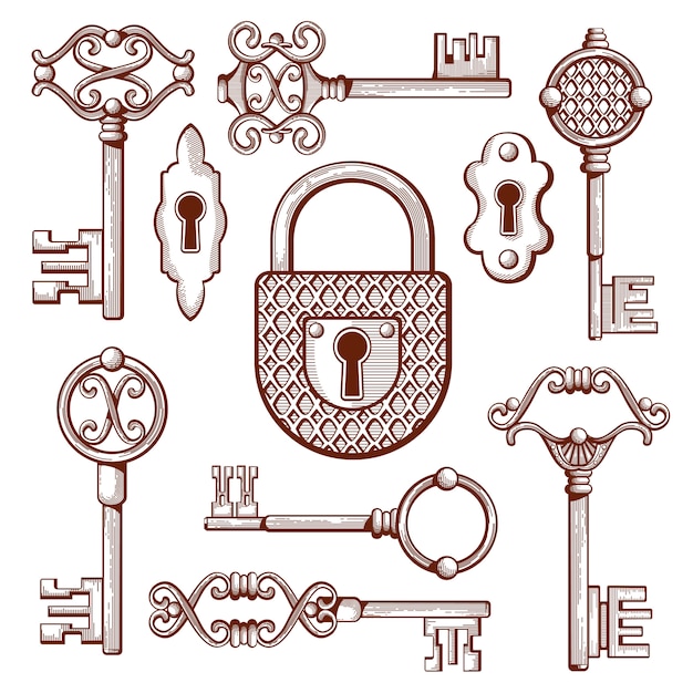 Premium Vector | Vintage keys, locks and padlocks hand drawn
