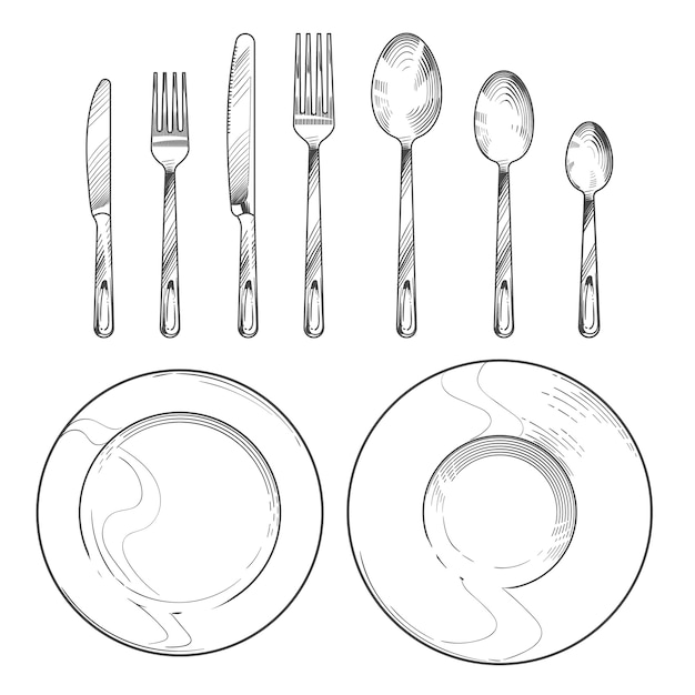 ビンテージナイフ フォーク スプーン 皿のスケッチ彫刻スタイル 手描きの食器分離セット プレミアムベクター