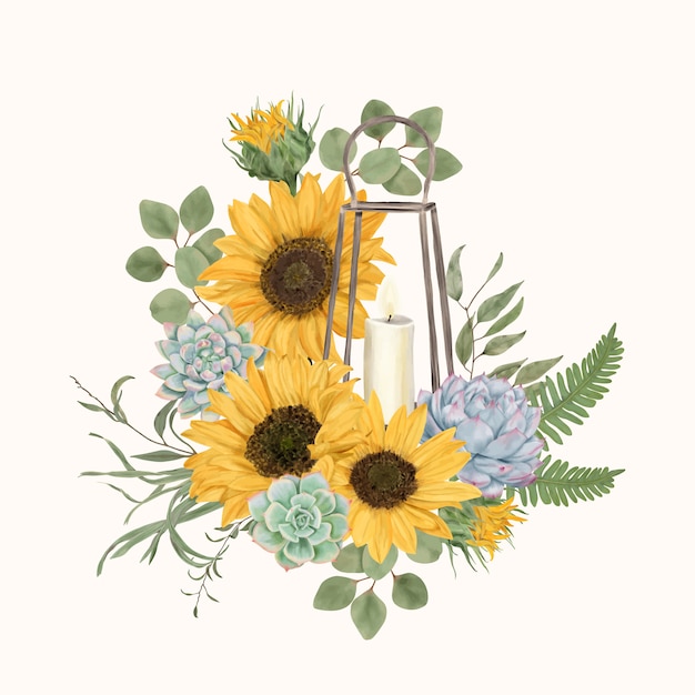 Vintage lantern with sunflowers and succulents | Premium ...