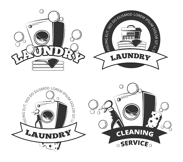 Download Vintage laundry service dry clean vector labels, emblems, logos, badges set. basket and washing ...