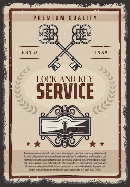 無料のベクター ヴィンテージのロックとキーサービスポスター装飾アンティークキーと鍵穴