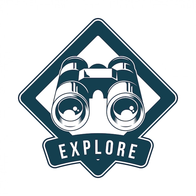 ビンテージのロゴ プリントアパレルデザイン エンブレムのイラスト パッチ 時計動物の鳥や野生動物のためのクラシックな金属双眼鏡付きバッジ 冒険 旅行 夏のキャンプ アウトドア 探索 プレミアムベクター