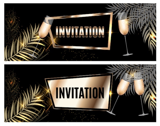 Vintage luxury golden ornate invitation with palm leaf and glasses of champagne Premium Vector