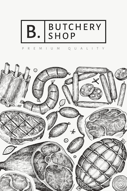 ヴィンテージ肉製品のデザイン 手描きのハム ソーセージ スパイス ハーブ レトロなイラスト プレミアムベクター
