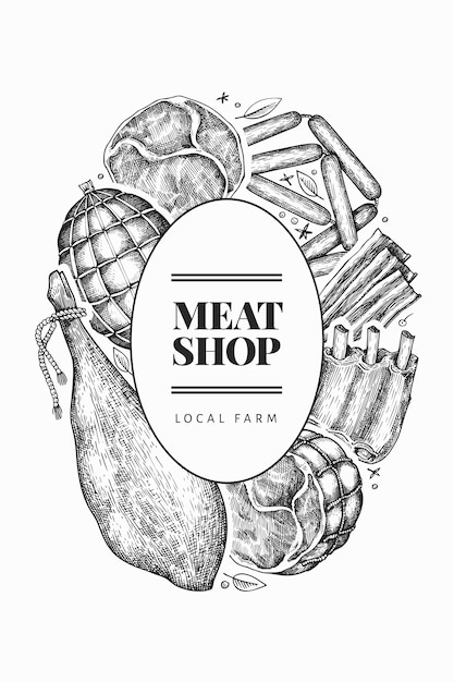 ヴィンテージ肉製品テンプレート 手描きのハム ソーセージ ハモン スパイス ハーブ レトロなイラスト レストランのメニューに使用できます プレミアムベクター