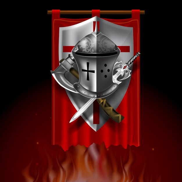 Premium Vector | Vintage medieval logo with shield helmet, sword and ...