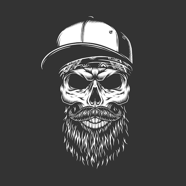 Vintage monochrome bearded and mustached skull | Free Vector
