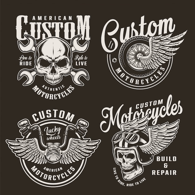 Vintage Monochrome Custom Motorcycle Badges Free Vector