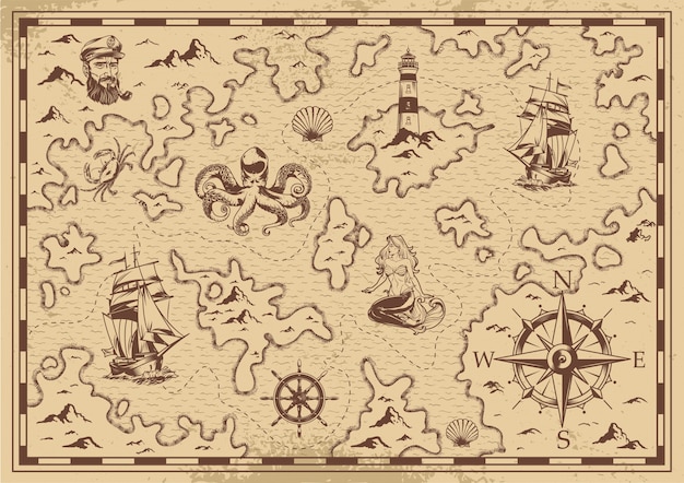 ビンテージモノクロ古い海賊の宝の地図 無料のベクター