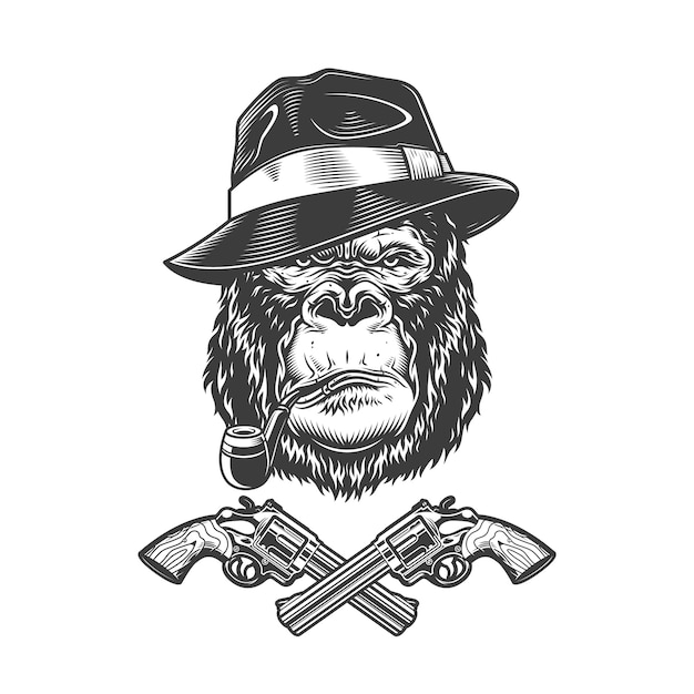 Vintage monochrome serious gangster gorilla head Free Vector