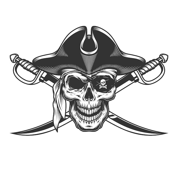 海賊の帽子でビンテージモノクロスカル 無料のベクター