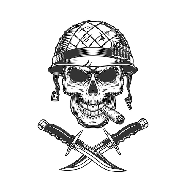 Vintage monochrome soldier skull smoking cigar | Free Vector