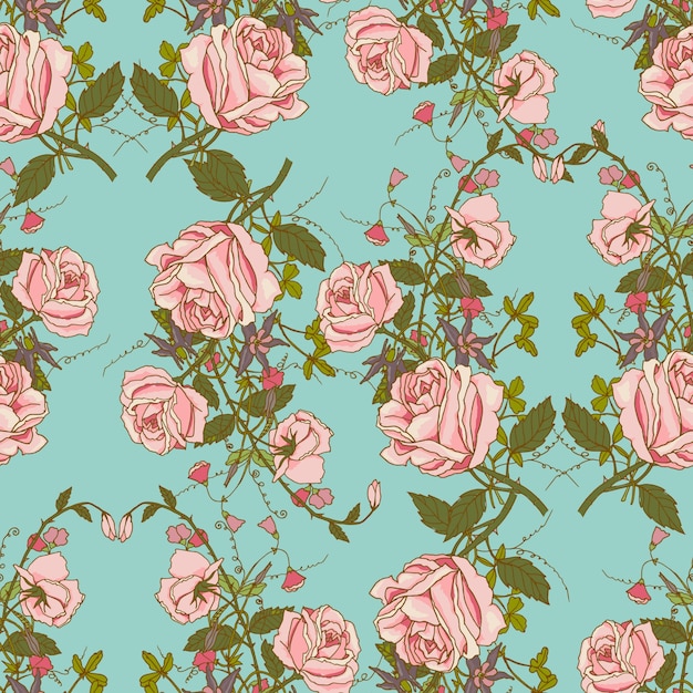 Vintage nostalgic beautiful roses bunches\
composition romantic floral wedding gift wrapping paper seamless\
pattern color vector illustration