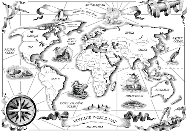 ヴィンテージの古い世界地図の手描きの彫刻スタイルの黒と白のクリップアート 無料のベクター