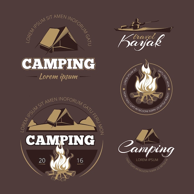 ヴィンテージアウトドアアドベンチャーとキャンプベクトルカラーラベルセット アウトドアキャンプ ビンテージキャンプ ロゴアドベンチャーキャンプのイラストにラベルを付ける 無料のベクター
