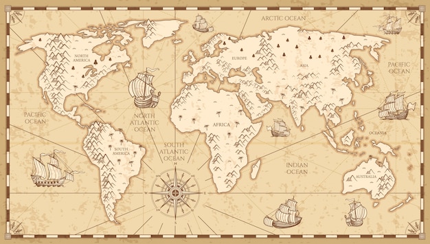 川と山のベクトル図とヴィンテージの物理的な世界地図 アンティーク旅行船でレトロなヴィンテージ古い世界地図 プレミアムベクター