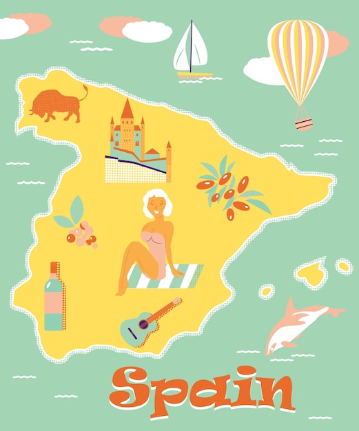 Premium Vector | Vintage poster of spain with attractions and landmarks