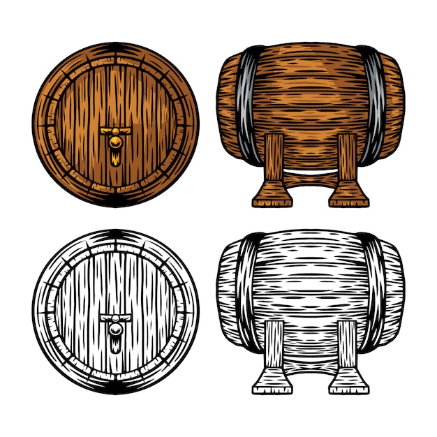 ビンテージレトロな木製のビールとワイン樽分離ベクトルイラスト プレミアムベクター