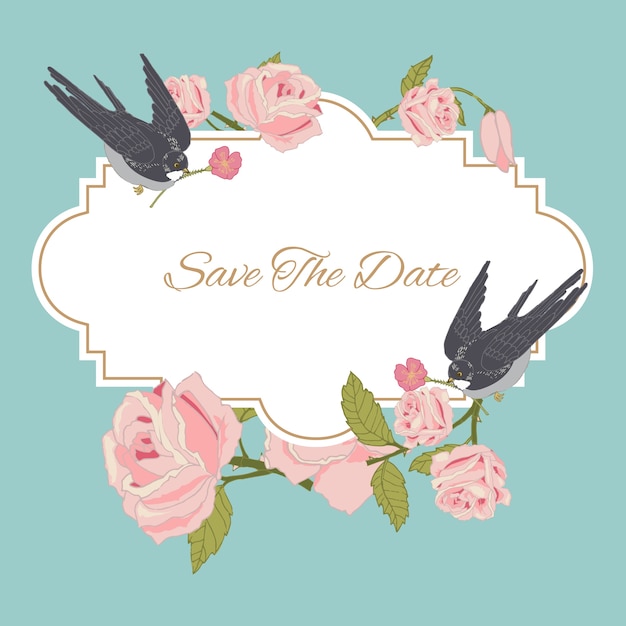 Vintage rose flowers wedding invitation save\
the date postcard with birds vector illustration.