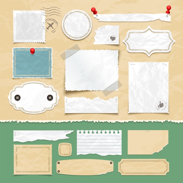 Vintage scrapbooking vector elements. old scrap papers, photo frames, and labels. illustration of scrapbook and paper card vintage Premium Vector