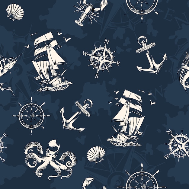 Vintage Sea And Nautical Seamless Pattern | Free Vector