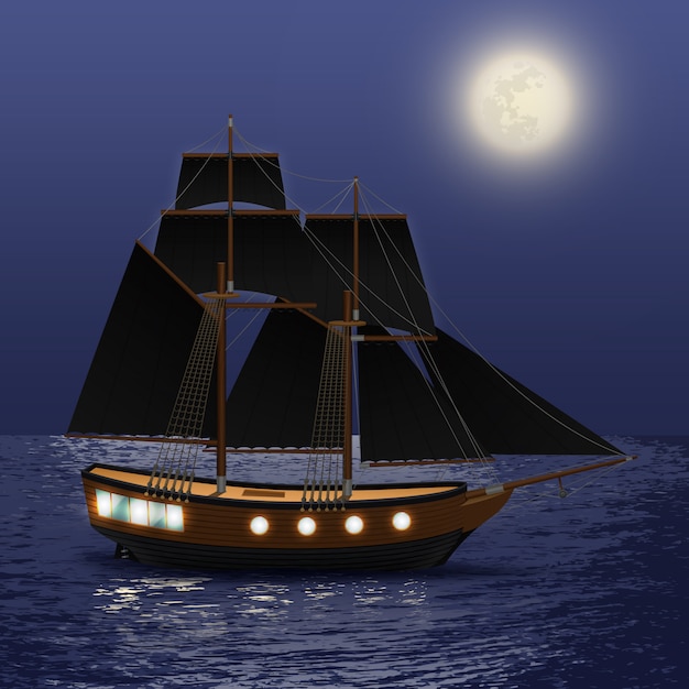 Vintage ship with black sails at night sea\
background