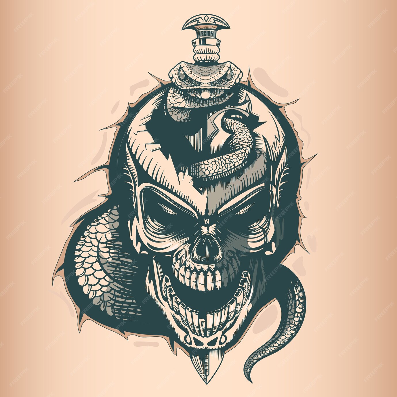 Premium Vector | Vintage skull with sword and snake