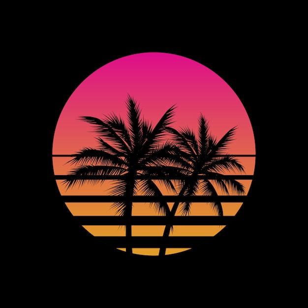 Premium Vector | Vintage styled sunset with palm trees silhouettes logo