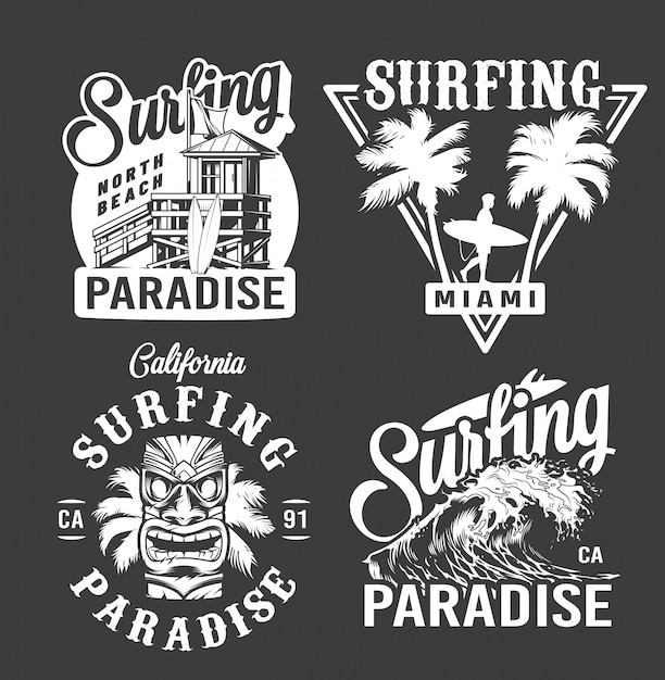 Free Vector | Vintage surf monochrome emblems