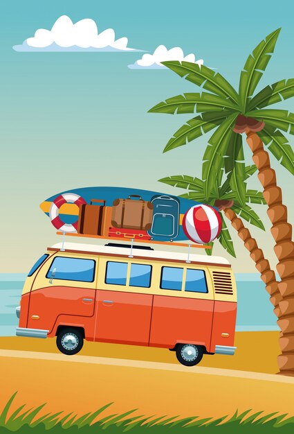 Premium Vector | Vintage surf van in beach vector illustration graphic ...