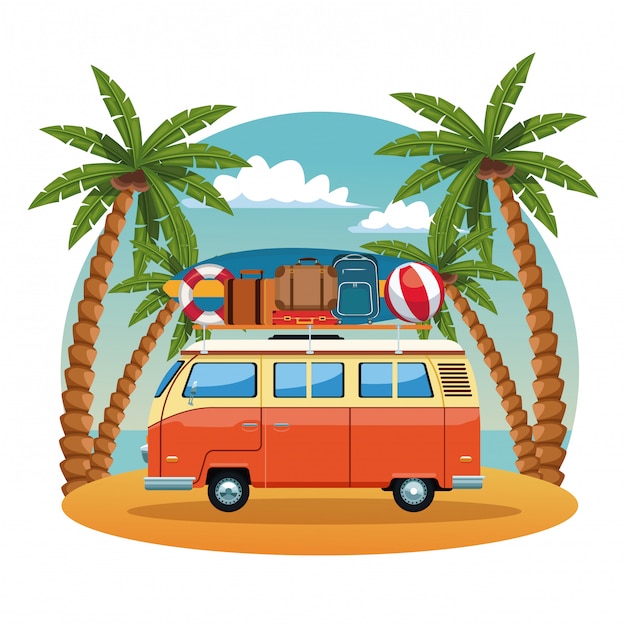 Premium Vector | Vintage surf van in beach vector illustration graphic ...