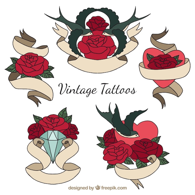 Download Free Vector | Vintage tattoos with roses and hand drawn ...