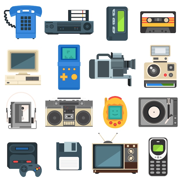 Vintage technologies, camera, phone retro audio, tv set. Premium Vector