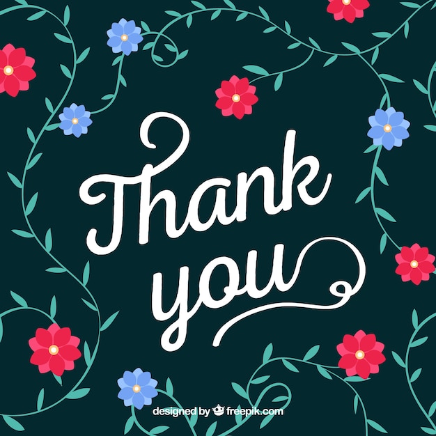 Vintage thank you background with flowers and leaves in flat design