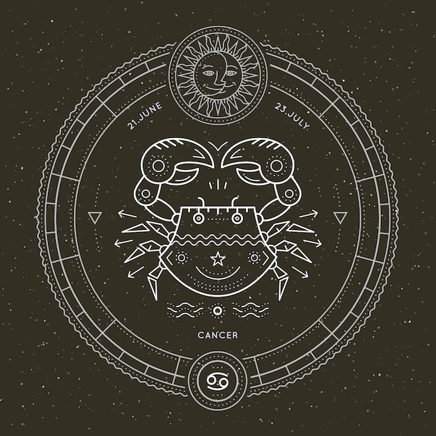 Premium Vector Vintage Thin Line Cancer Zodiac Sign Label Retro Vector Astrological Symbol Mystic Sacred Geometry Element Emblem Logo Stroke Outline Illustration